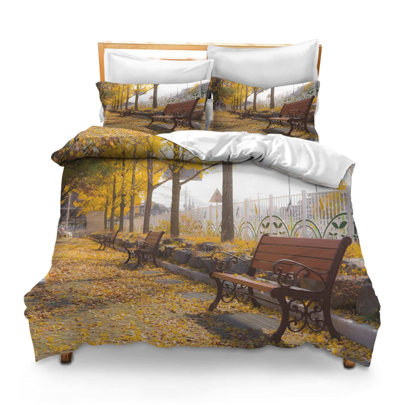 Printed Comforter Cover Set Full Autumn Ginkgo Bench Free Yellow Fall Leaves