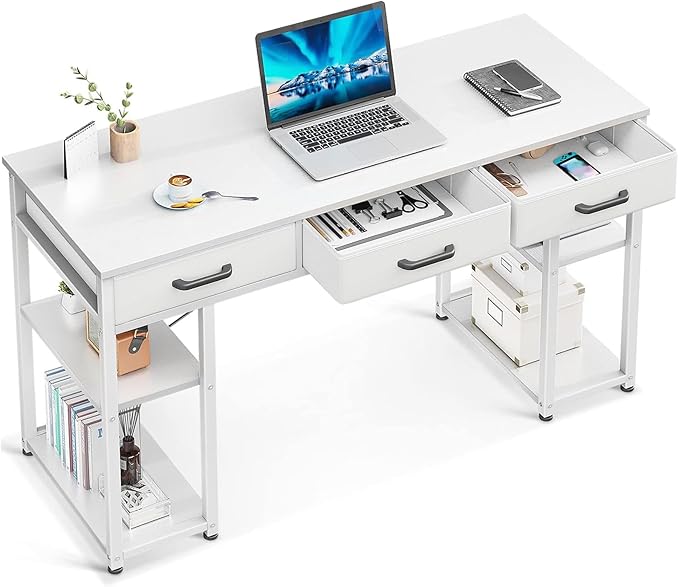 Office Small Computer Desk: Home Table with Fabric Drawers & Storage Shelves