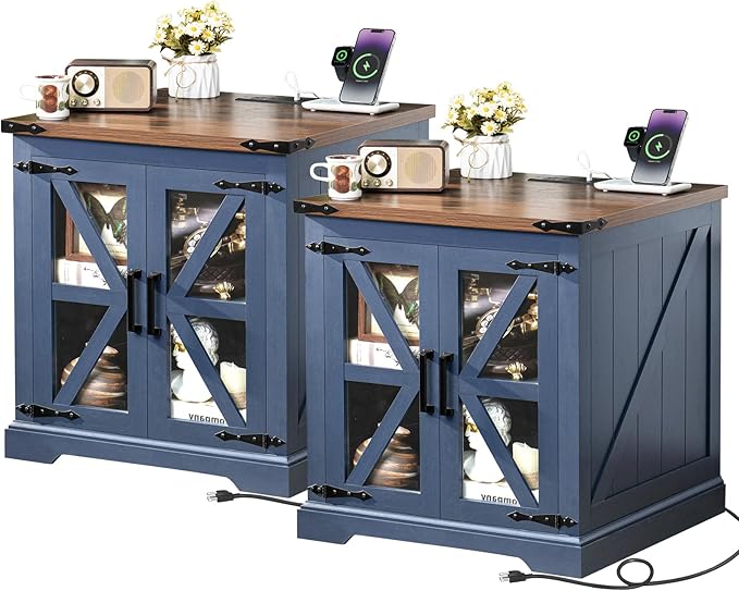24" End Table Set of 2 with Charging Station, Farmhouse Night Stand with Glass Barn Door