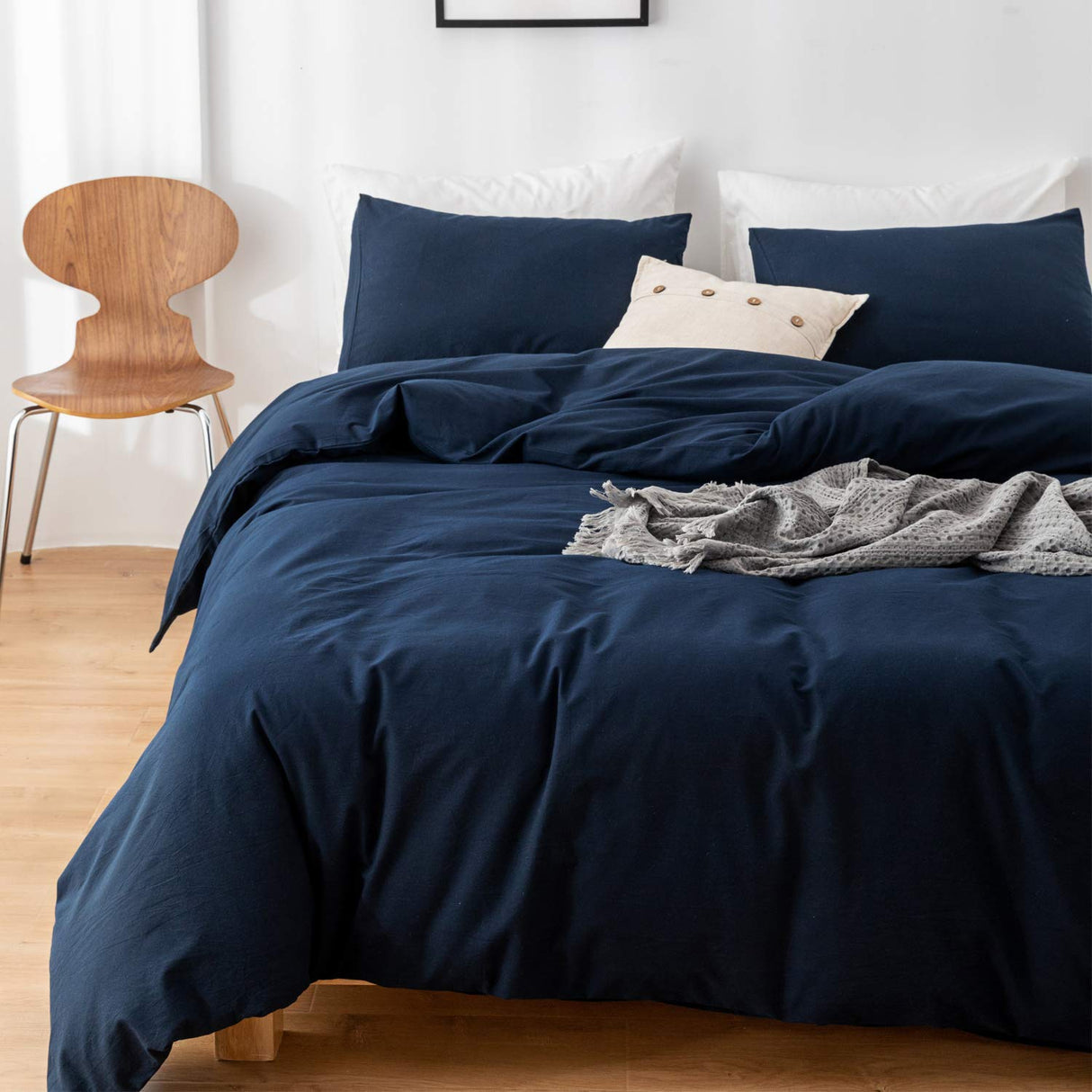 Navy Blue Duvet Cover Queen Size, 100% Washed Cotton 3 Piece Bedding Set