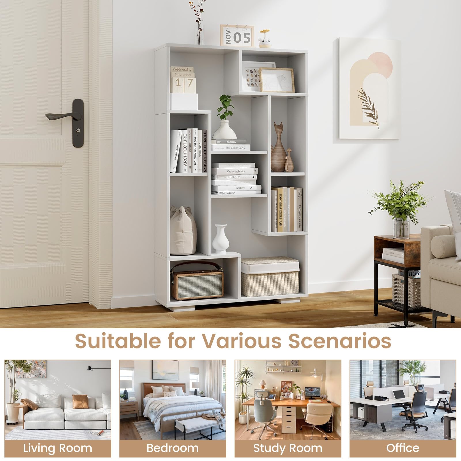 Geometric Bookshelf, 47 Inch Tall Bookcase with Multiple Open Shelves