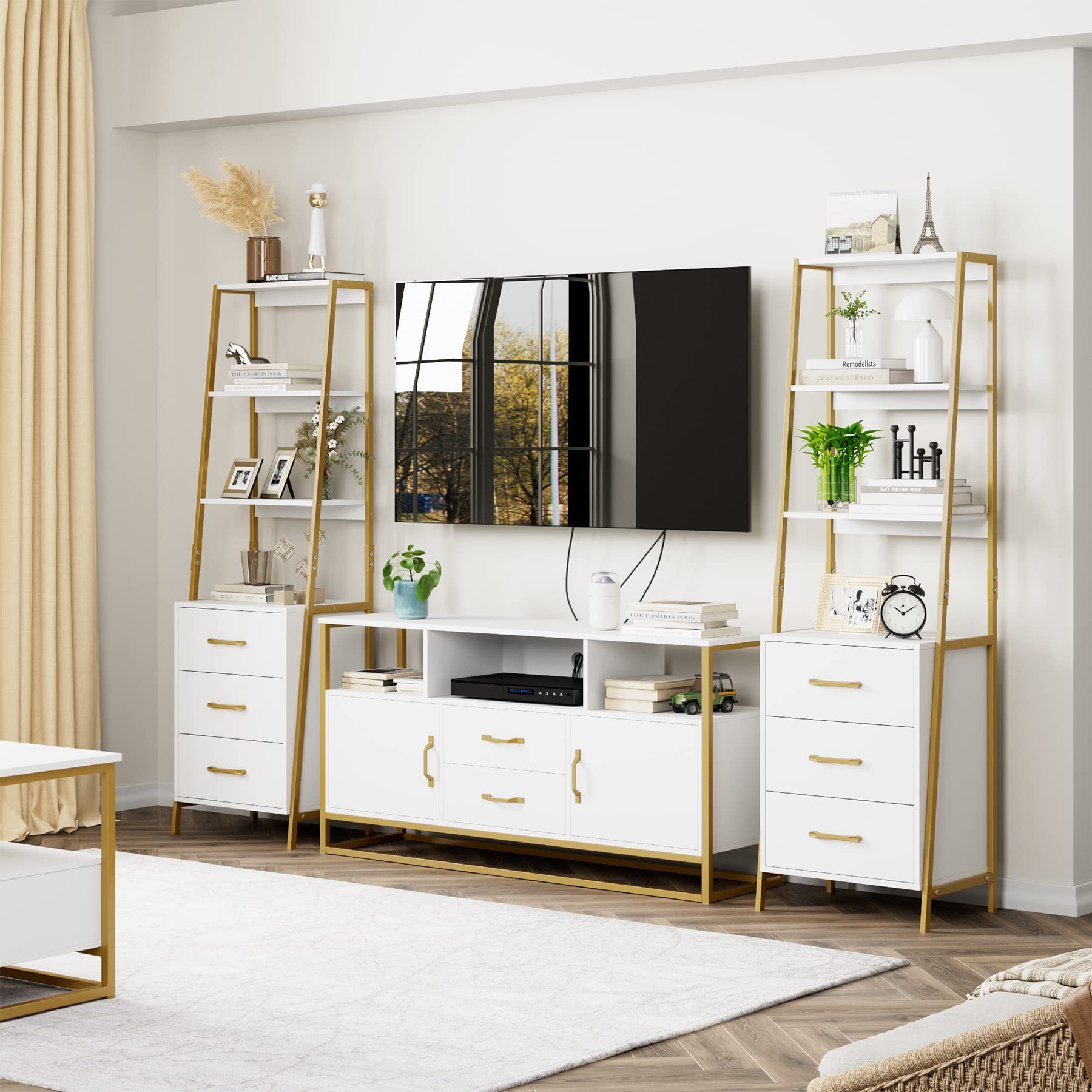 4-Tier Bookshelf, Tall Bookcase with 3 Wooden Drawers, Modern Ladder Book Shlef Storage Organizer for Living Room, Entryway, Office, White Gold