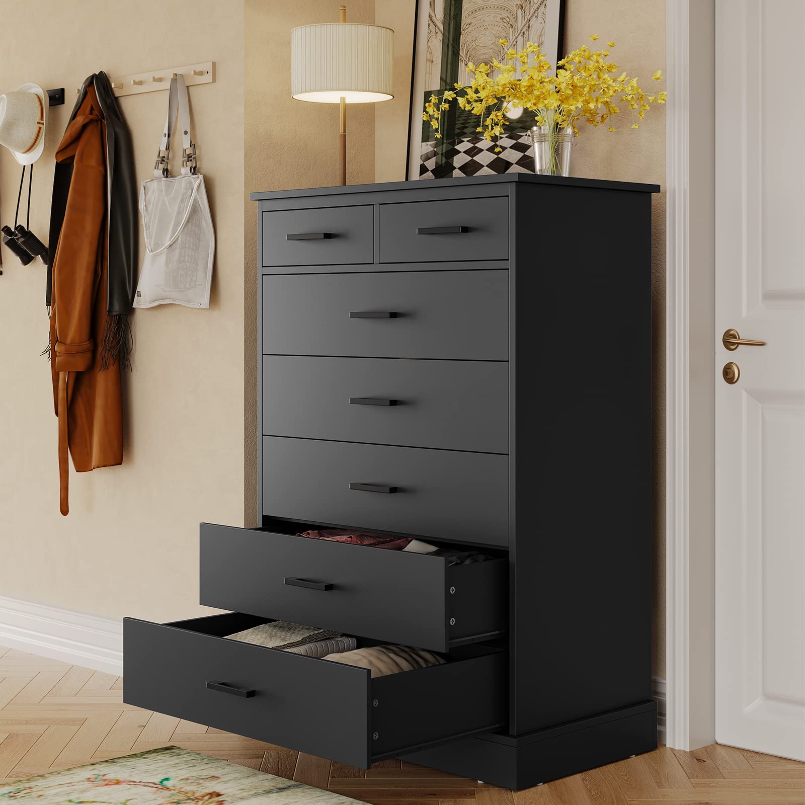 Black Dresser for Bedroom, Tall 7 Drawer Dresser with Sturdy Base