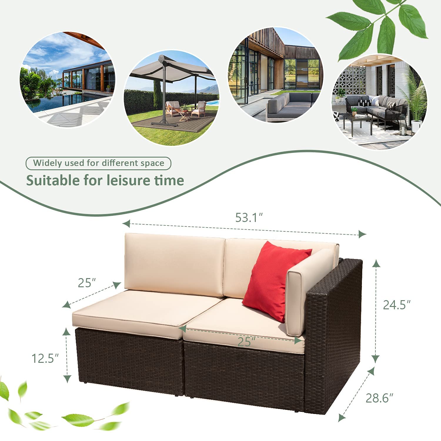 2 Pieces Patio Furniture Sofa Sets Outdoor All-Weather Sectional Corner Sofa