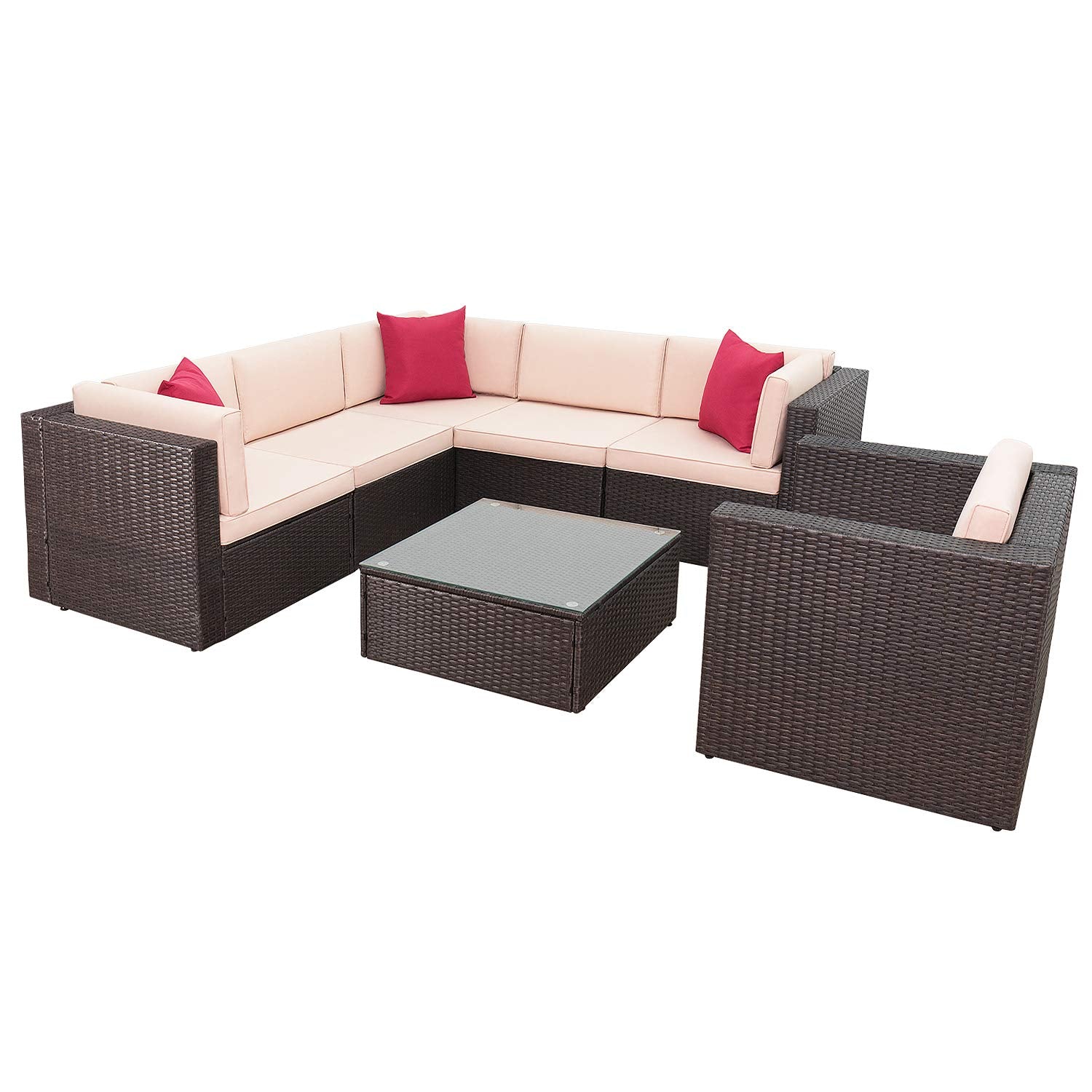 7 Pieces Outdoor Patio Furniture Sofa Set, All Weather PE Rattan Wicker Sectional Sets