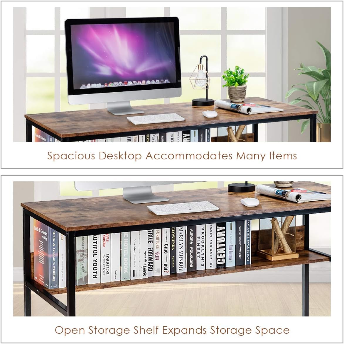55 Inches Computer Desk with Bookshelf, Study Writing Table w/Storage Shelf & Sturdy Metal Frame