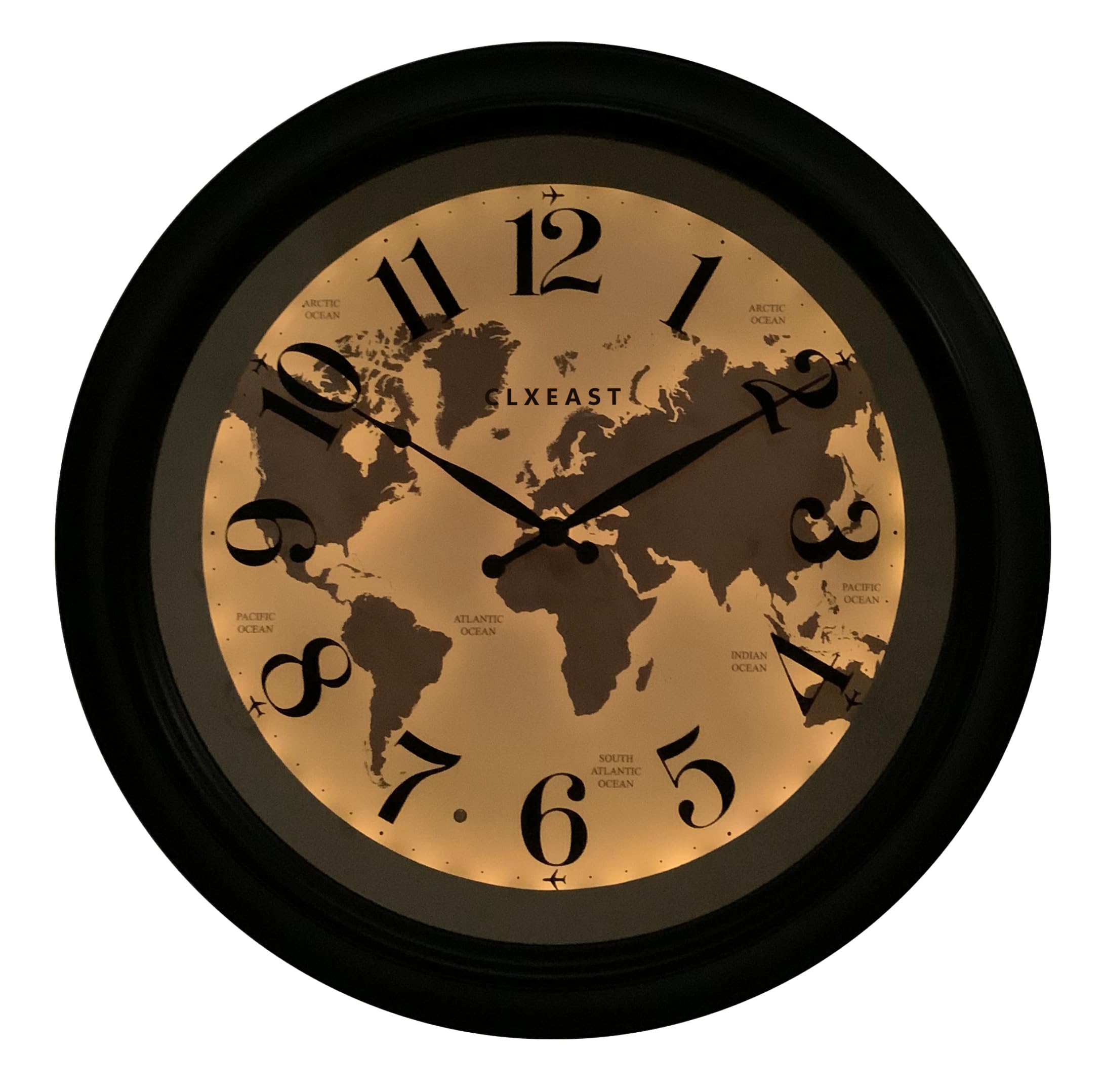 18 Inch Illuminated Wall Clock with Smart LED Light Sensor, Large Modern World Map Wall Clocks