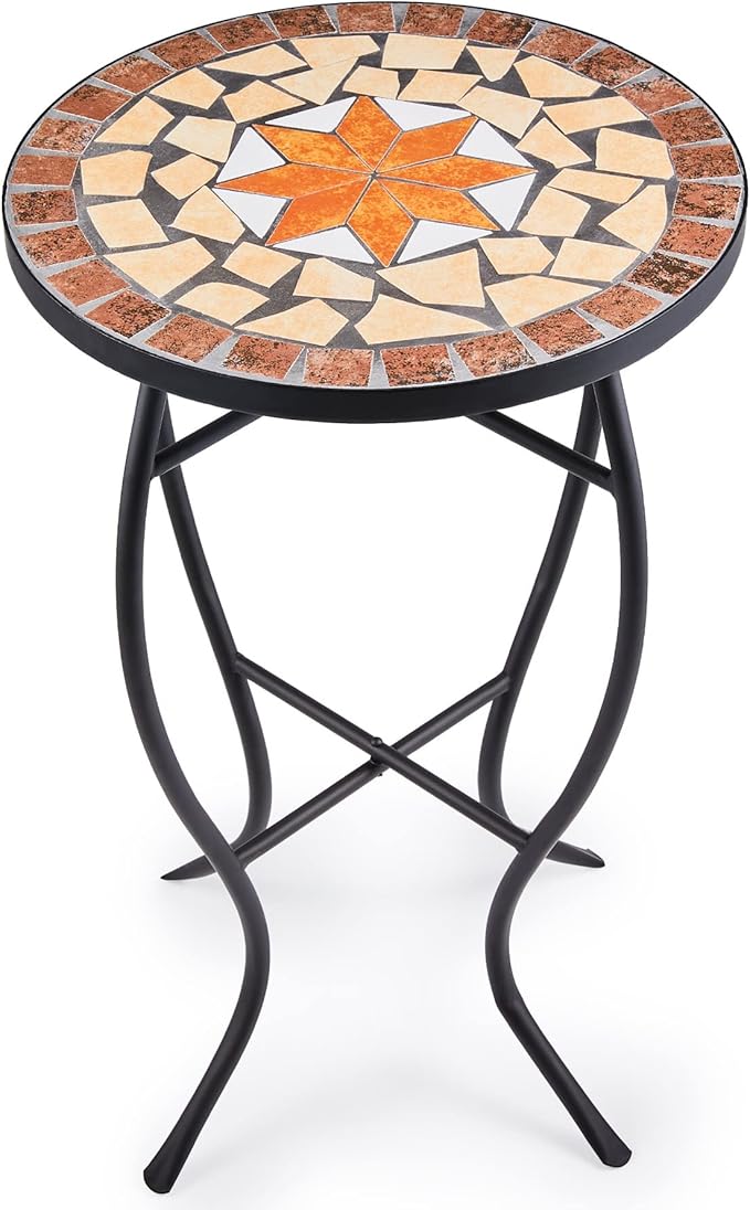 Mosaic Side Table and Plant Stand, 21" Round End Table with 14" Ceramic Tile Top