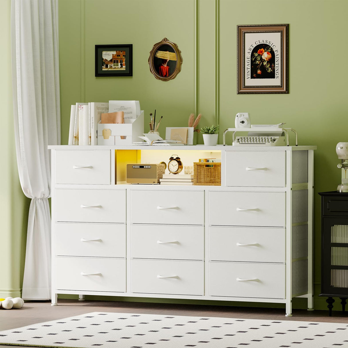 YGEOMER Long Dresser for Bedroom 65inch TV Stand with Charging Station and LED Lights, White Dresser with 11 Drawers, Fabric Chest of Drawers with PU Finish for Bedroom, Entryway