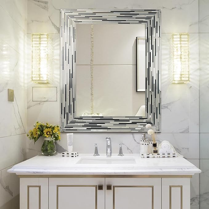 24"x30" Reeded Tiled Sea Glass Aqua Blue Vanity Mirror for Bathroom Wall