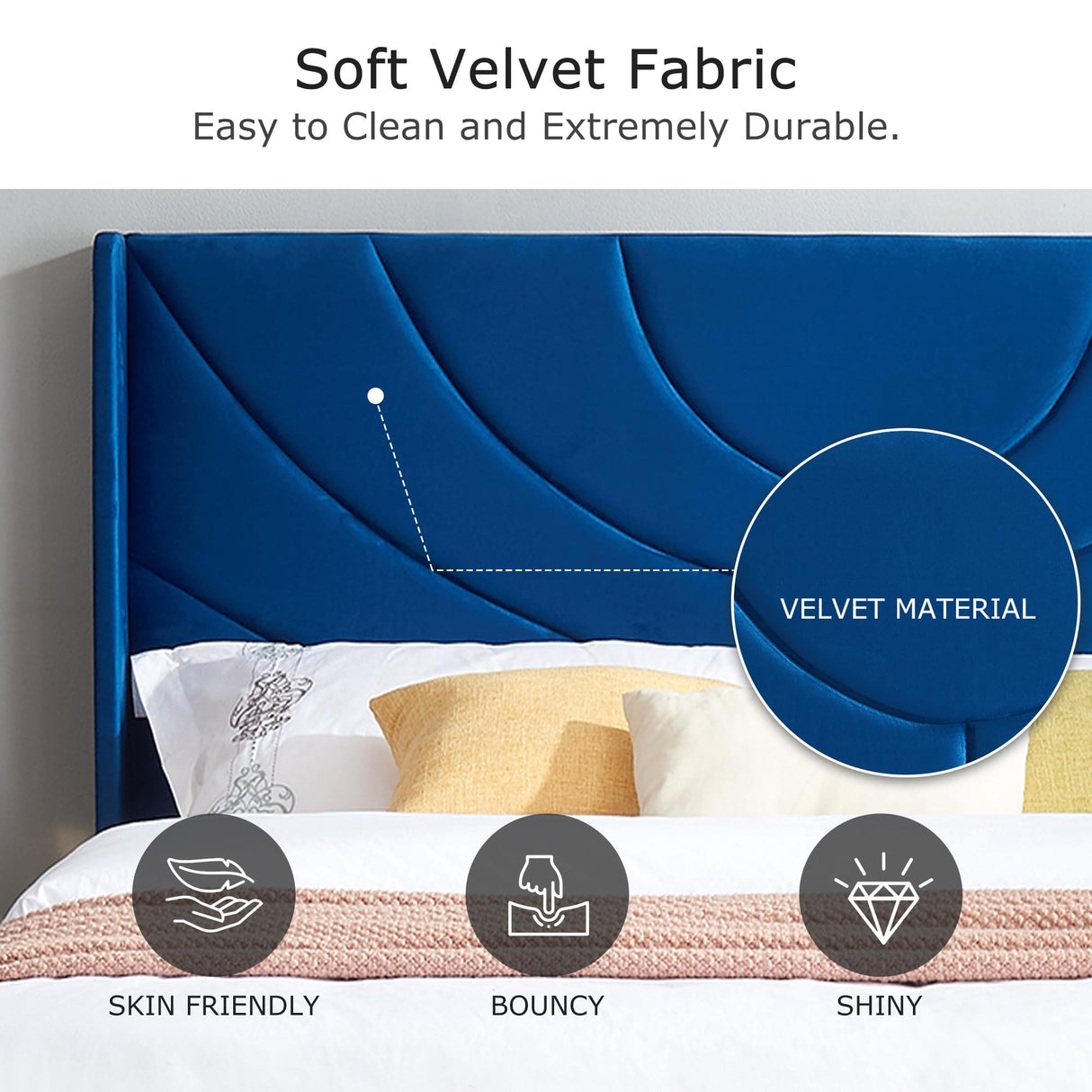 Full Size Upholstered Platform Bed Frame with Wave Fabric Headboard