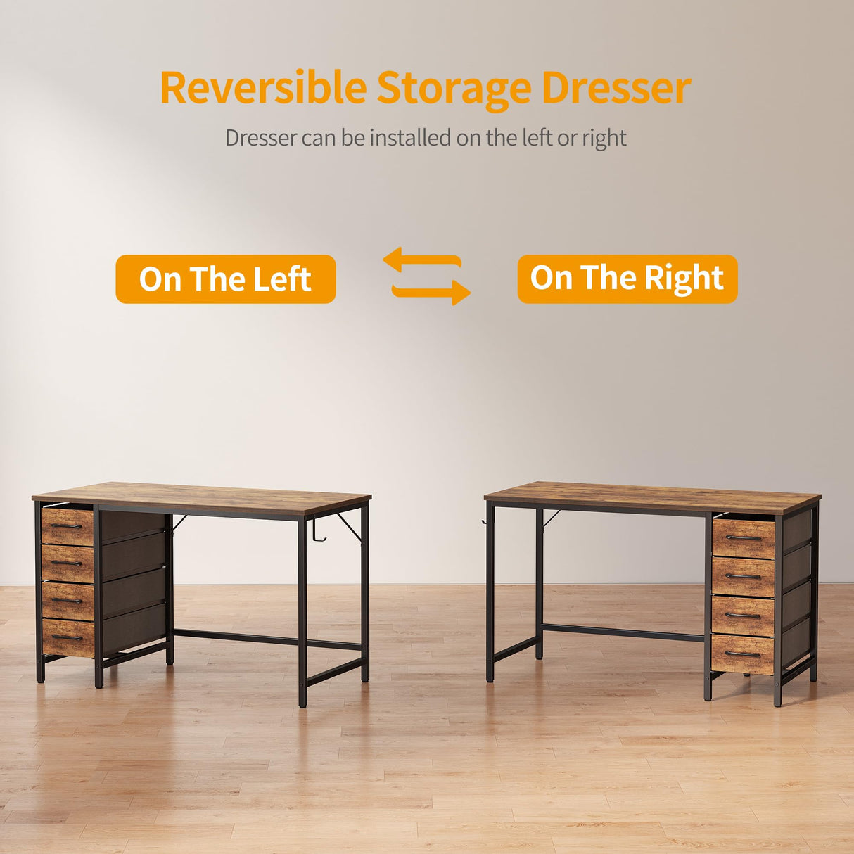 40 Inch Computer Reversible Desk with 4 Storage Drawers, Small Home Office Kids