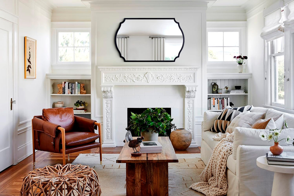 32x20 Black Arched Bathroom Mirror with Scalloped Frame