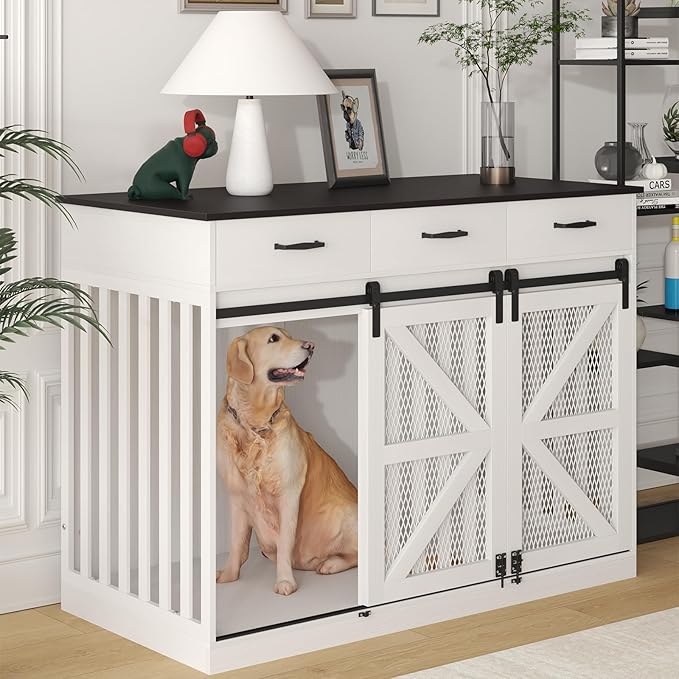 48" Double Dog Crate Furniture with Divider & Storage Drawers