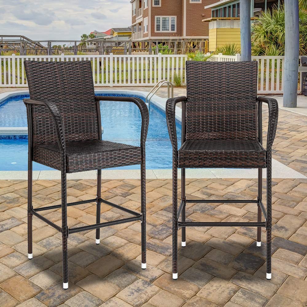 Wicker Bar Stools Outdoor Set of 2, Outdoor Bar Height Chairs