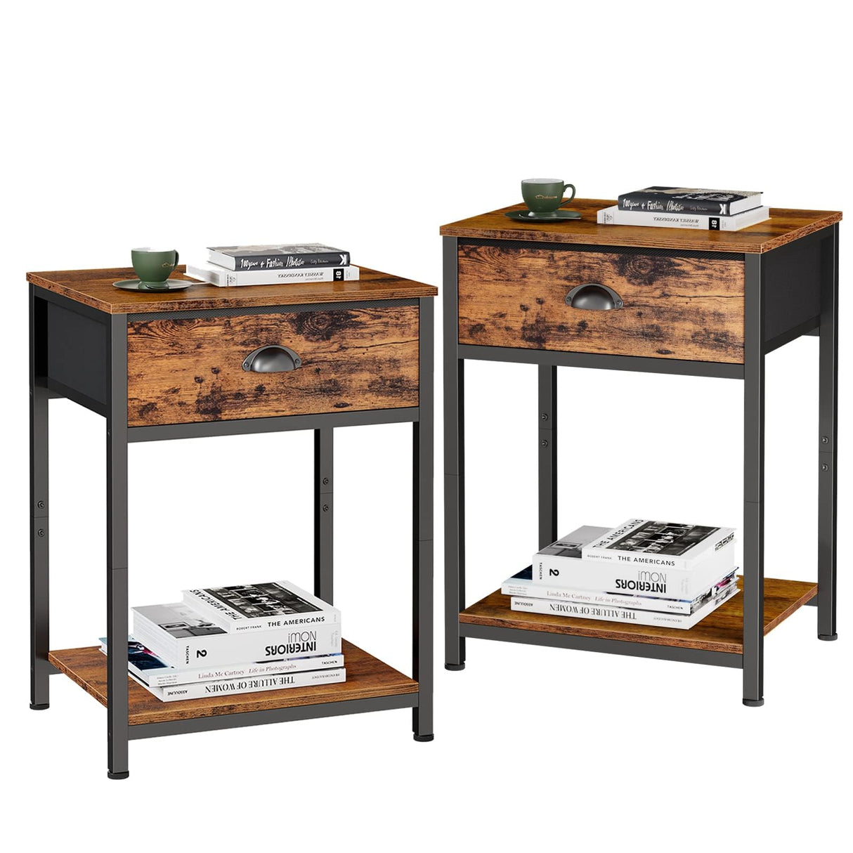 Nightstands Set of 2, Industrial End Table with Fabric Drawer and Storage Shelf