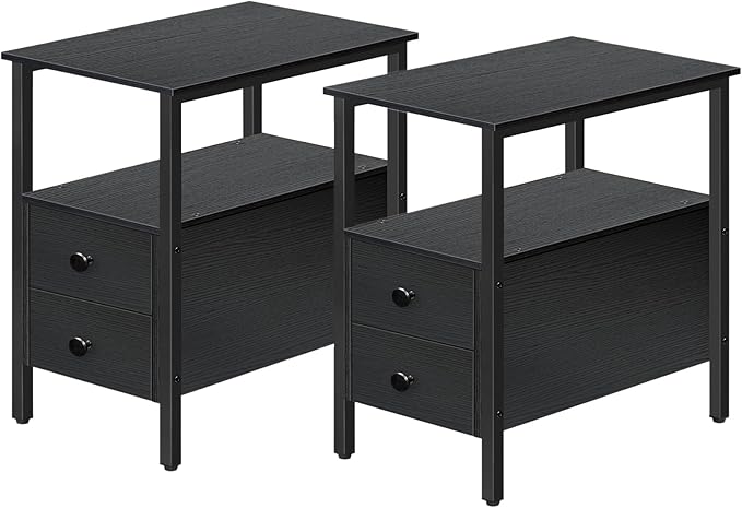 End Table Set of 2, Side Table with 2 Drawer and Open Shelf, Narrow Nightstand
