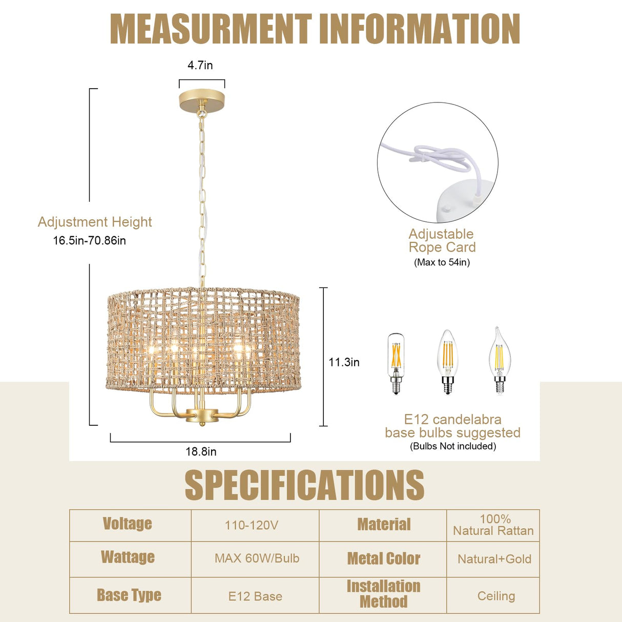 Boho Chandelier Light Fixture for Dining Room 5 Light, 18.8'' Gold Hand Woven Drum