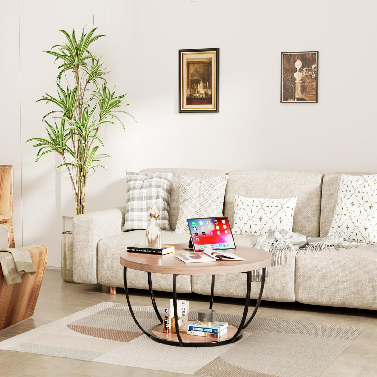 31.5" Round Coffee Table, 2-Tier Coffee Tables for Living Room