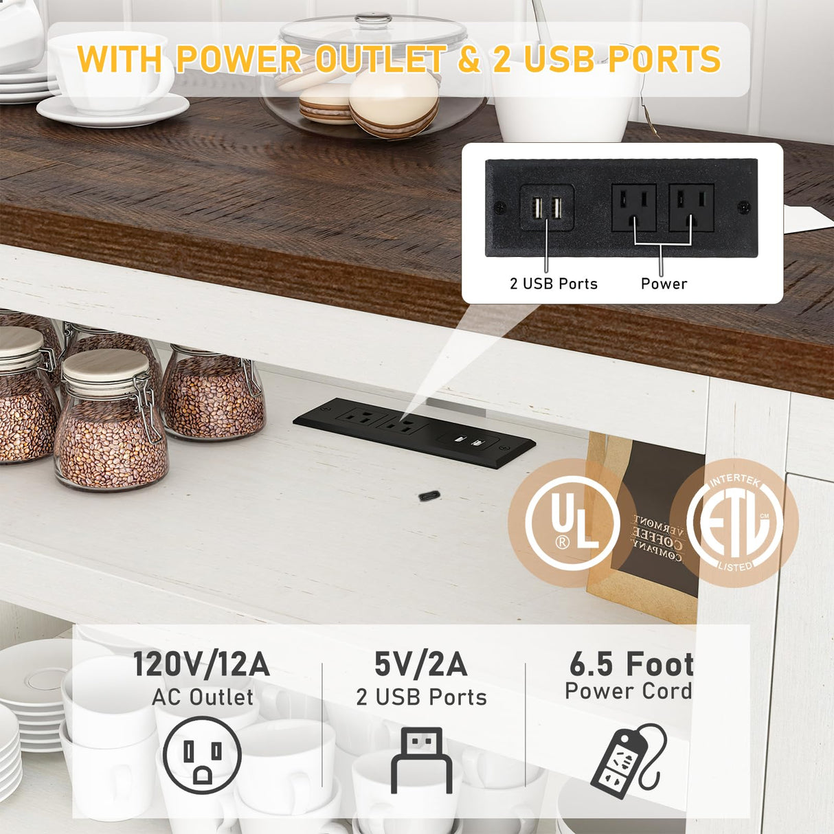 66" Farmhouse TV Stand with Power Outlets for 75 65 Inch TVs, 33" Tall Entertainment