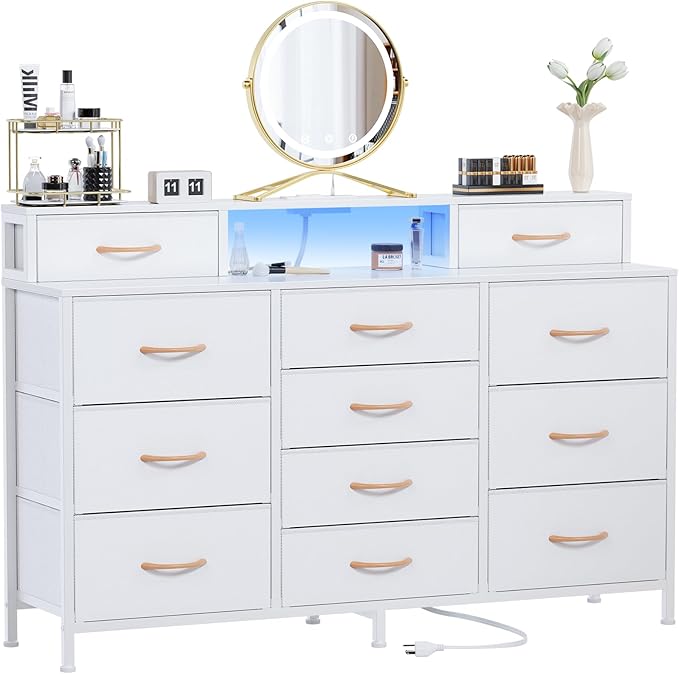 White Dresser with LED Lights & Charging Station,47" Long Dresser