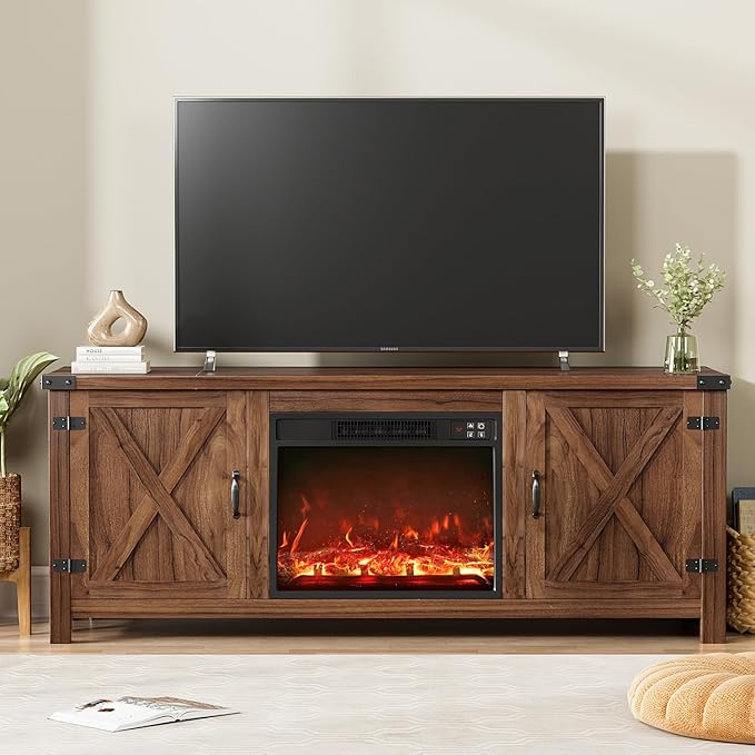 Fireplace TV Stand with Two Barn Doors and Storage Cabinets for Televisions up to 65