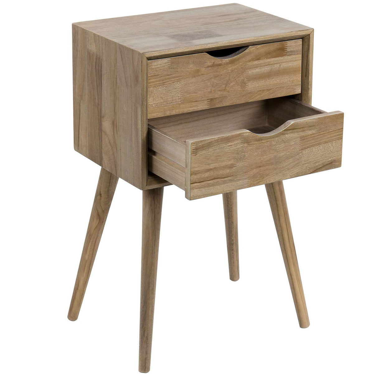 Solid Brown Wood Mid Century Modern Nightstand Side Table End Table with 2 Pull Out