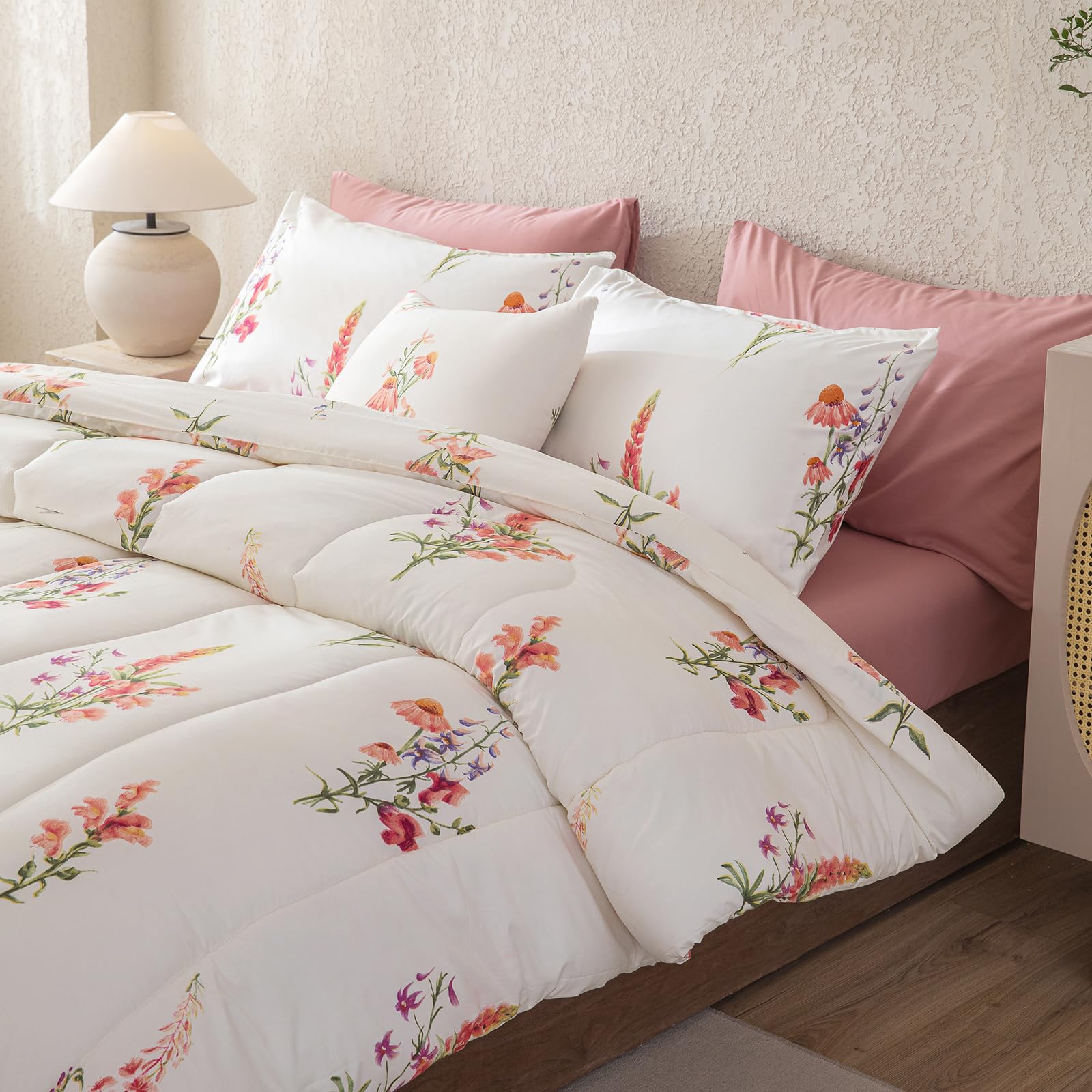 8 Pcs Bed in a Bag Queen Botanical Floral Comforter Set Pink Flowers