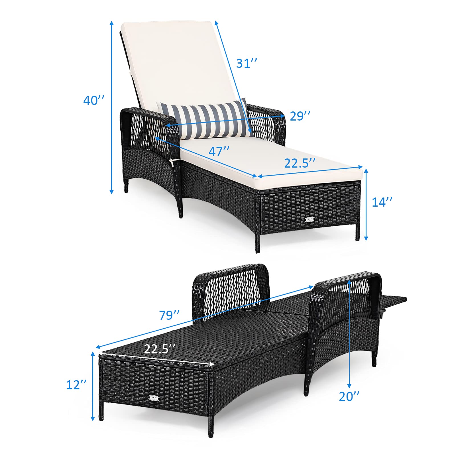 Tangkula Patio Wicker Chaise Lounge Chair, Outdoor Rattan Reclining Chaise w/ 6-Gear Adjustable Backrest, Thick Padded Cushion & Removable Lumbar Pillow, Ideal for Lawn, Beach, Balcony (Black)