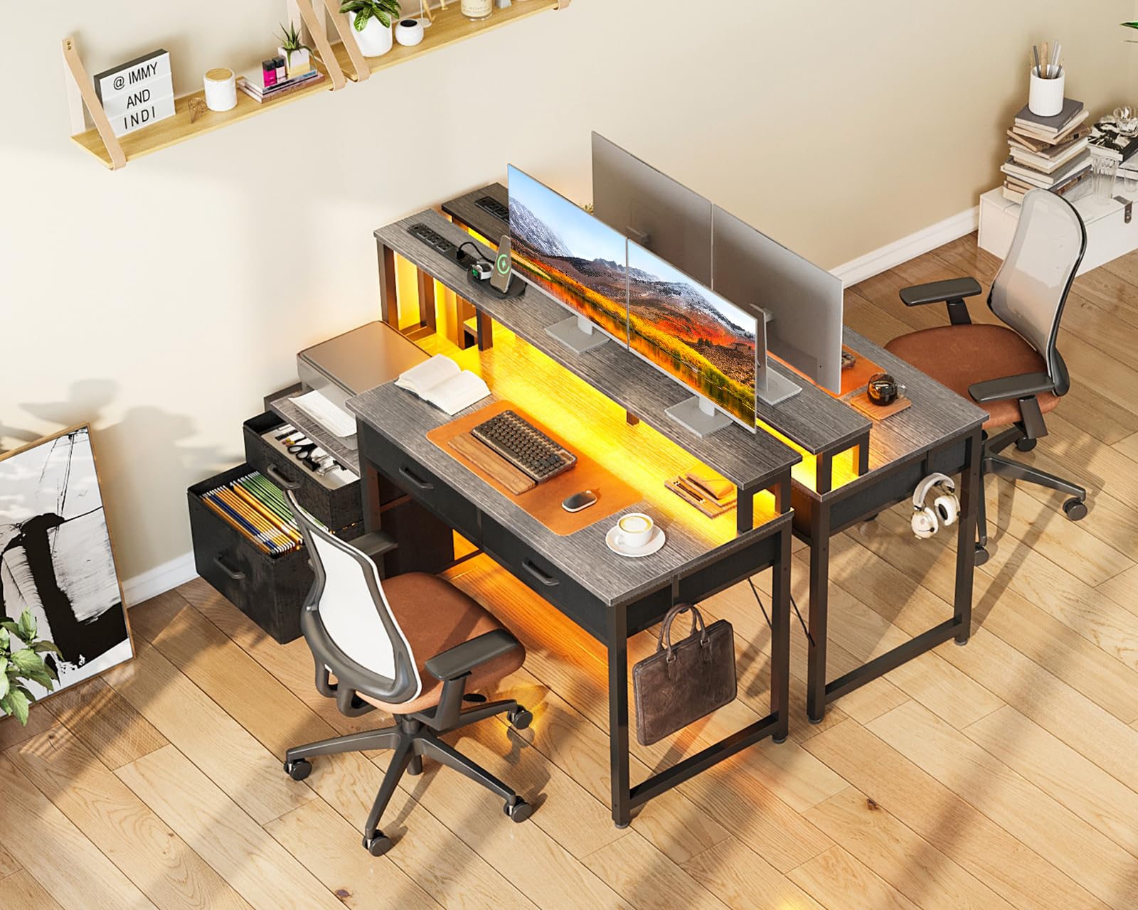 48-Inch Computer Desk with Fabric File Cabinet and Fabric Drawers, Reversible Office Desk