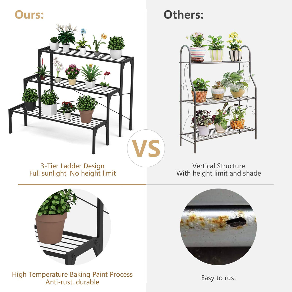 Giantex 3 Tiers Metal Plant Stand, Ladder Flower Pots Holders, 3 Tiers Step Plant Display Rack, Heavy Duty Utility Storage Organizer Rack for Home Garden Patio Balcony, Stair Style Plant Stand