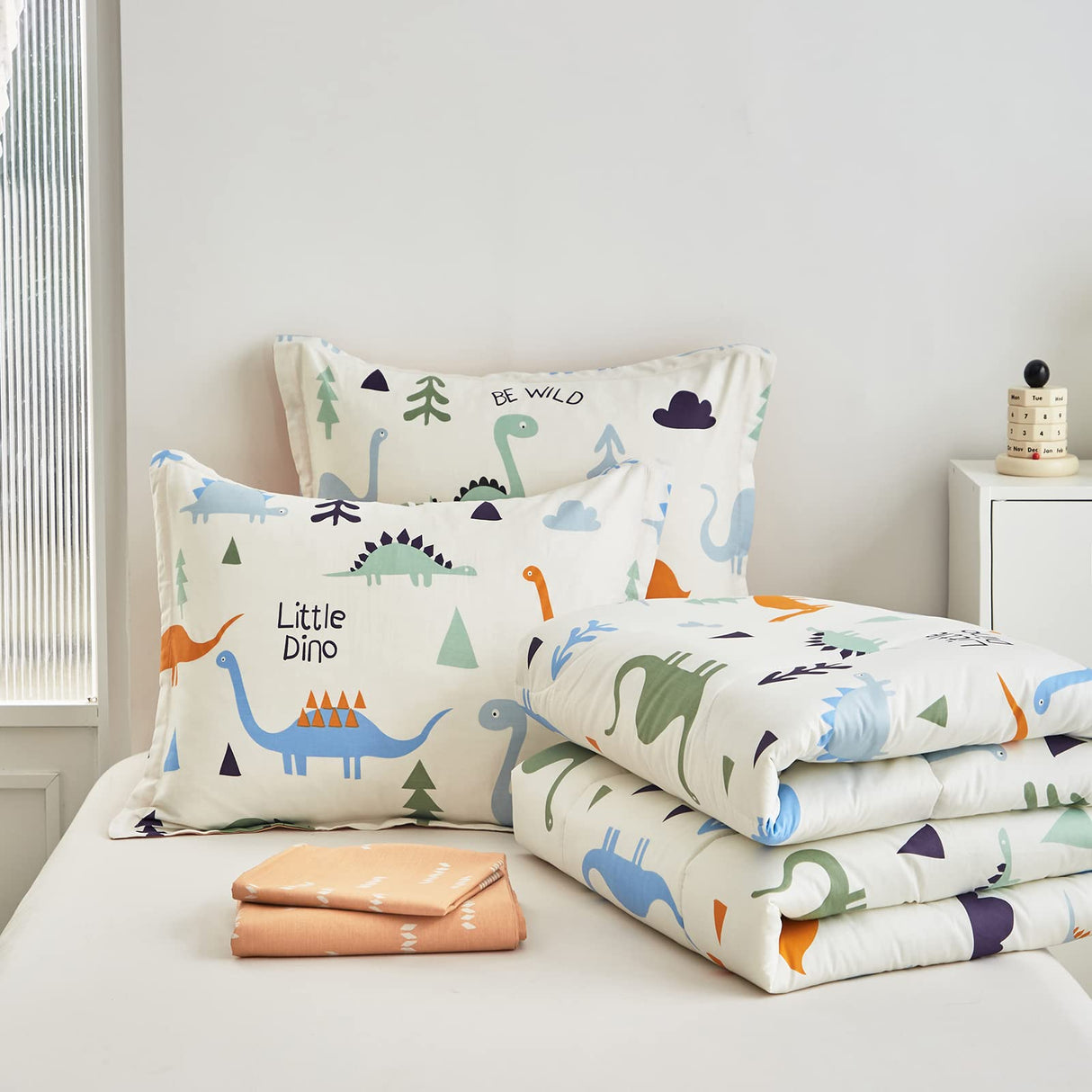 Twin Size Dinosaur Bedding Set - 6-Piece Cotton Comforter Set for Kids