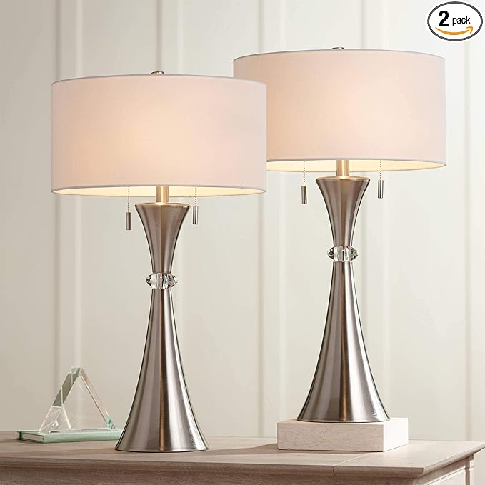 Rachel Modern Art Deco Table Lamps 28" Tall Set of 2 Concave Column Hourglass Silver