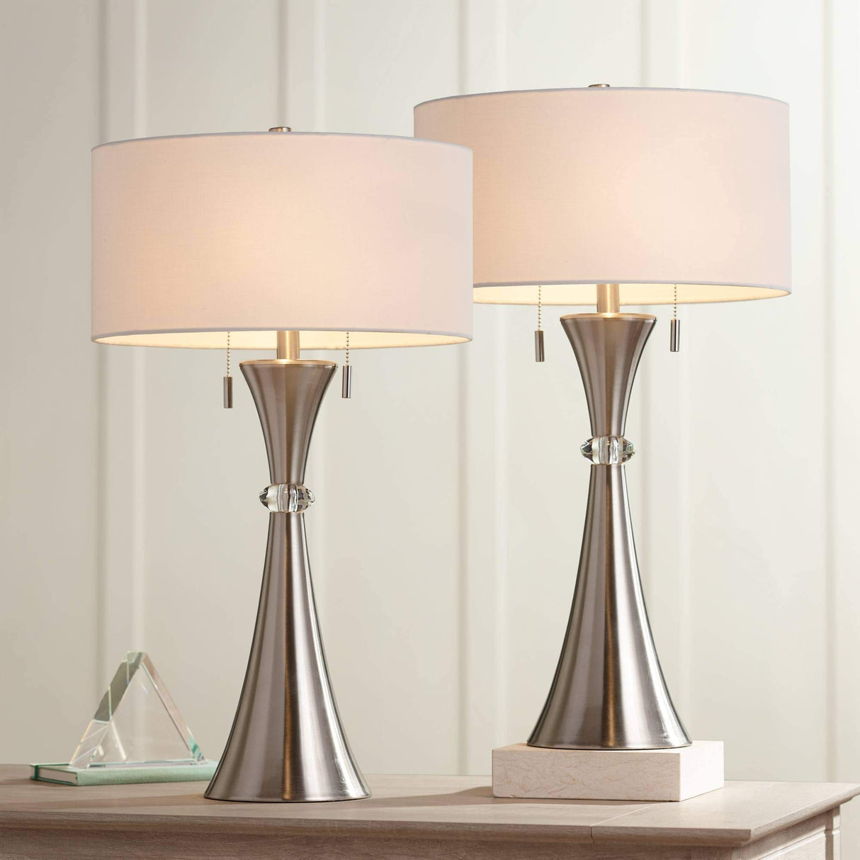 Rachel Modern Art Deco Table Lamps 28" Tall Set of 2 Concave Column Hourglass Silver