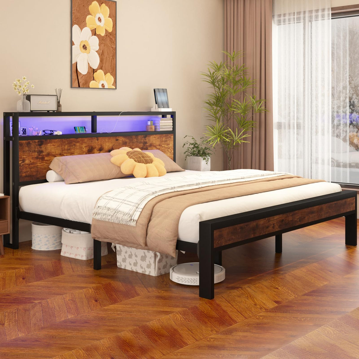 LoVinson Queen Size Bed Frame with LED Lights, 2-Tier Storage Headboard with Charging Station, Wood Slat Support, No Box Spring Needed, Noise Free, Easy Assembly, Rustic Brown