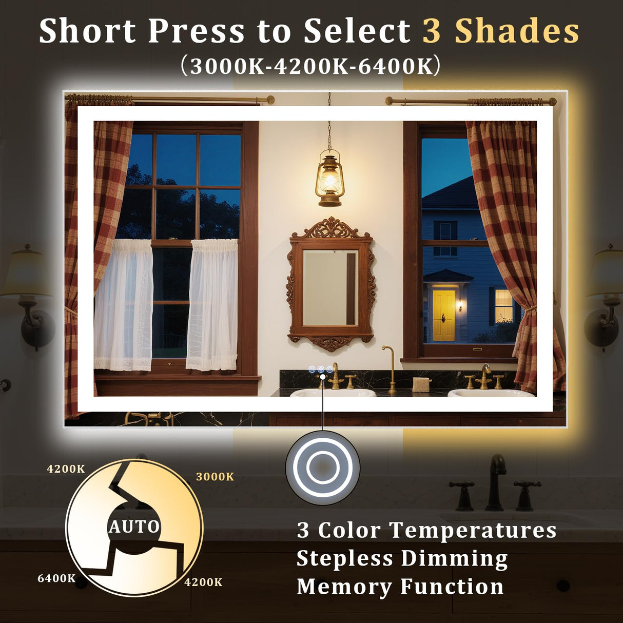 LED Bathroom Mirror 36x24 with Anti-Fog & Dimmable Lighting