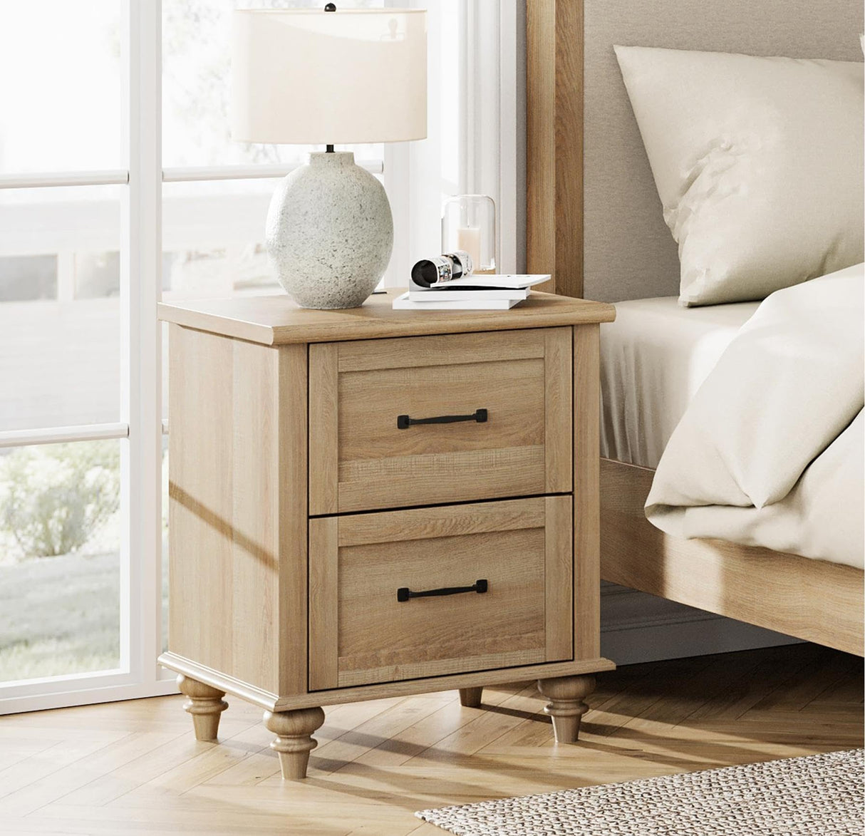 Nightstand Side Table with Charging Station, Light Wood End Table
