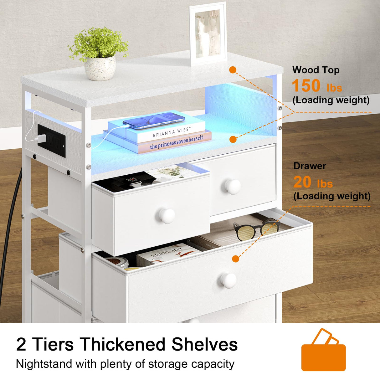 Nightstand with Charging Station, Bedside Table with 4 Drawers and 2-Tier Shelf, Modern