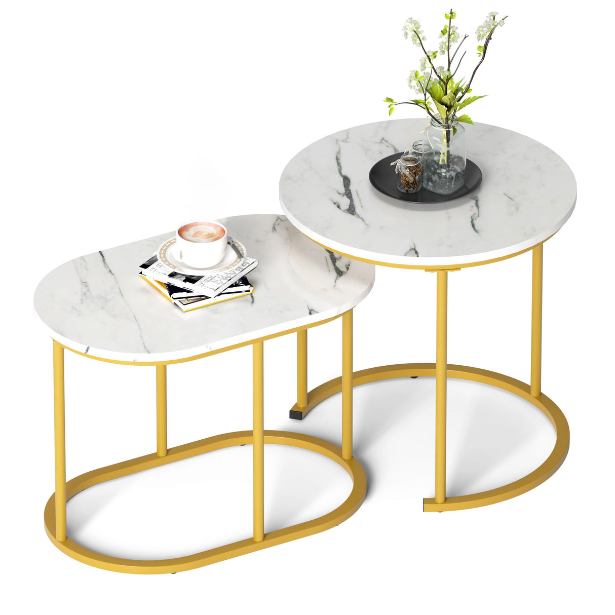 2 Piece Round Side Table Coffee Table Accent Table, Faux Marble Round Nesting Table Set of 2