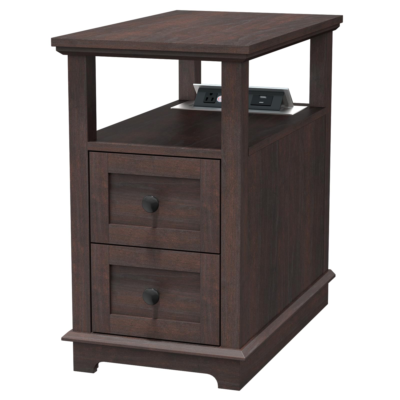 End Table with 2 Drawers, Storage Side Table with Flip Top Fast Charging Station