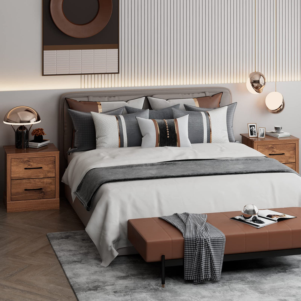 Farmhouse Nightstand Set of 2, Wood Bedside Table with 2 Storage Drawers