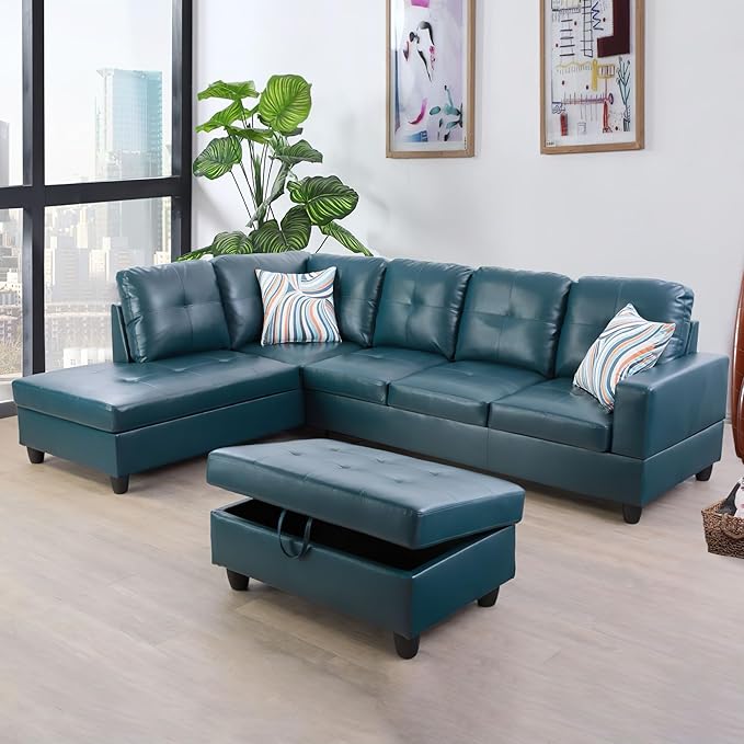 Sectional Set L Shape Couch, Faux Leather 5-seat Sofa