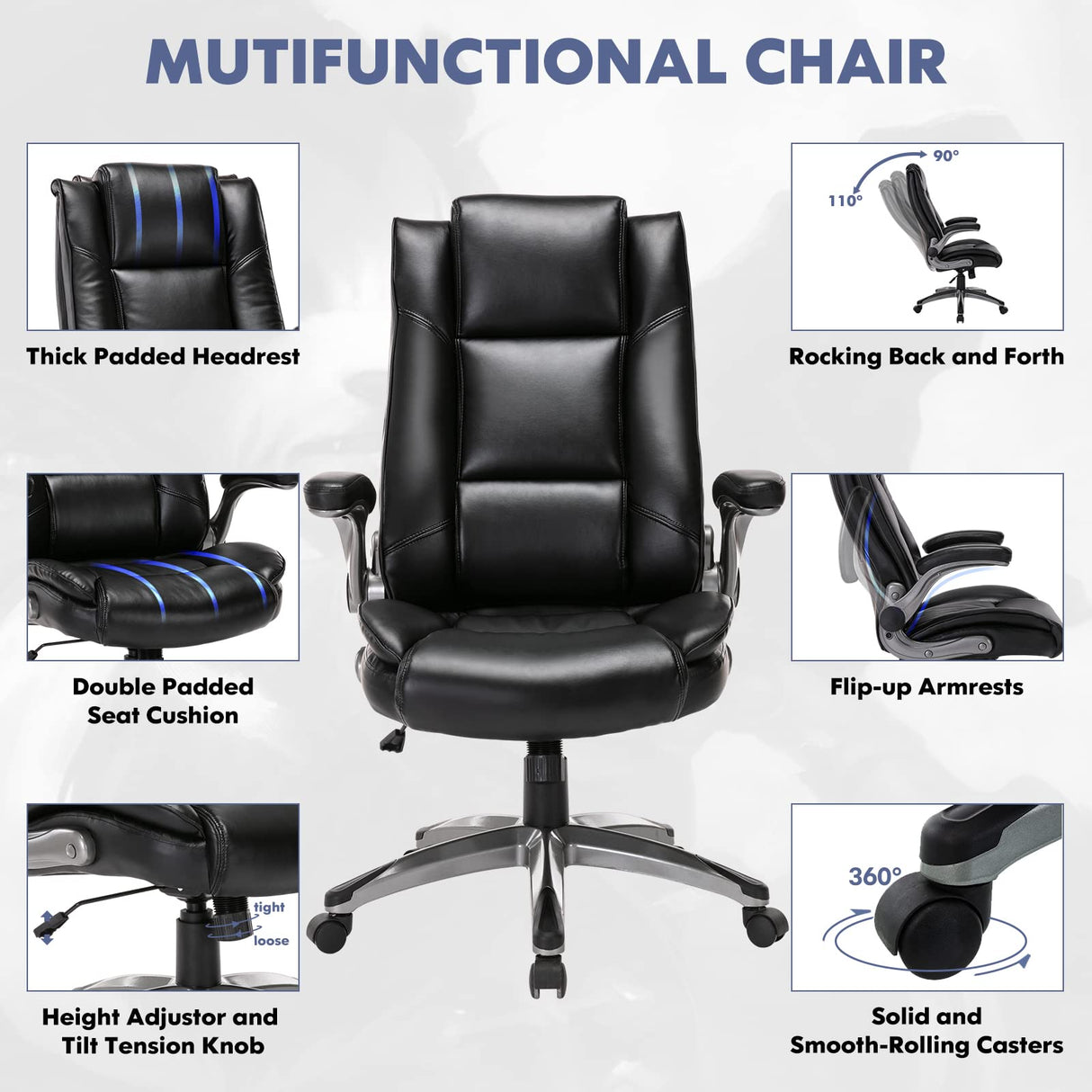 Leather Executive Office Chair - High Back Ergonomic Desk Chair with Flip-Up Arms