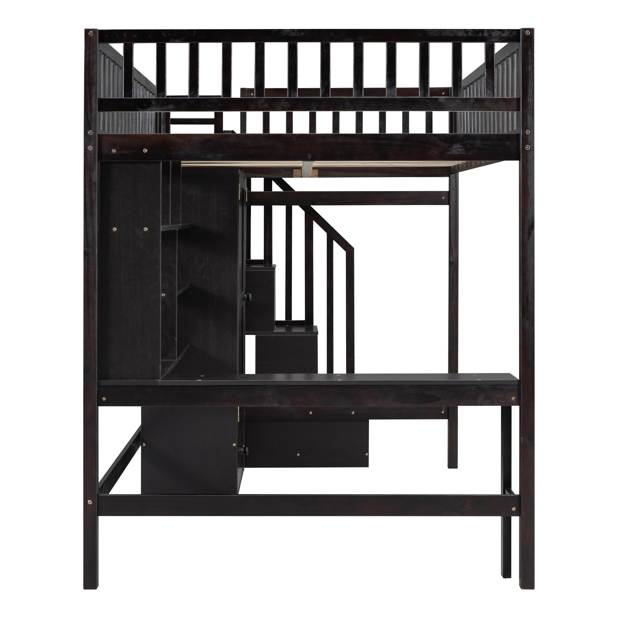 Loft Beds Stairway Loft Bed Frame with Wardrobe, Desk, Bookcase and Drawers, Espresso