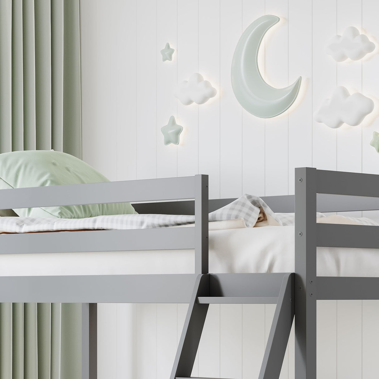 Solid Wood Loft Bed with Slide, Twin Size Wooden Bed Frame