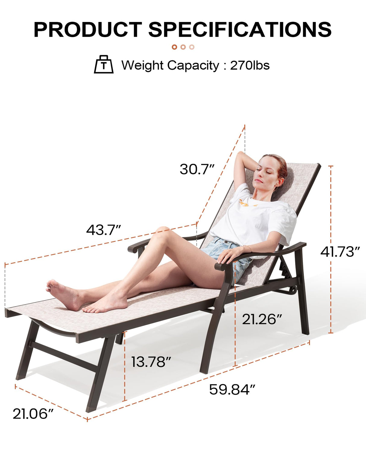 Chaise Lounge Chair Outdoor with Armrest, Pool Lounge Chairs Set of 2