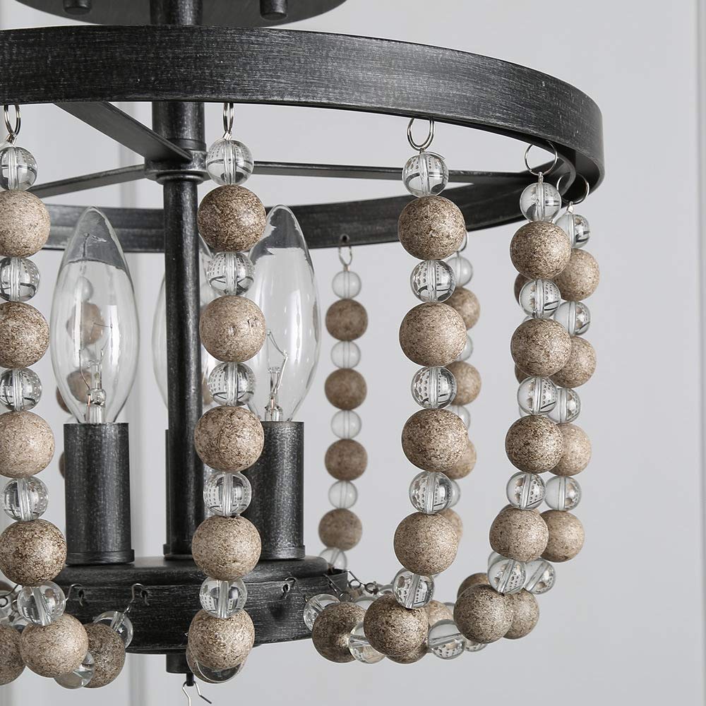 LALUZ Ceiling Light Fixture, 3-Light Bohemian Lighting for Entryway, Foyer, Distressed Wood Bead Chandelier, Dark Silver Brushed, 12 D” x 13.6” H