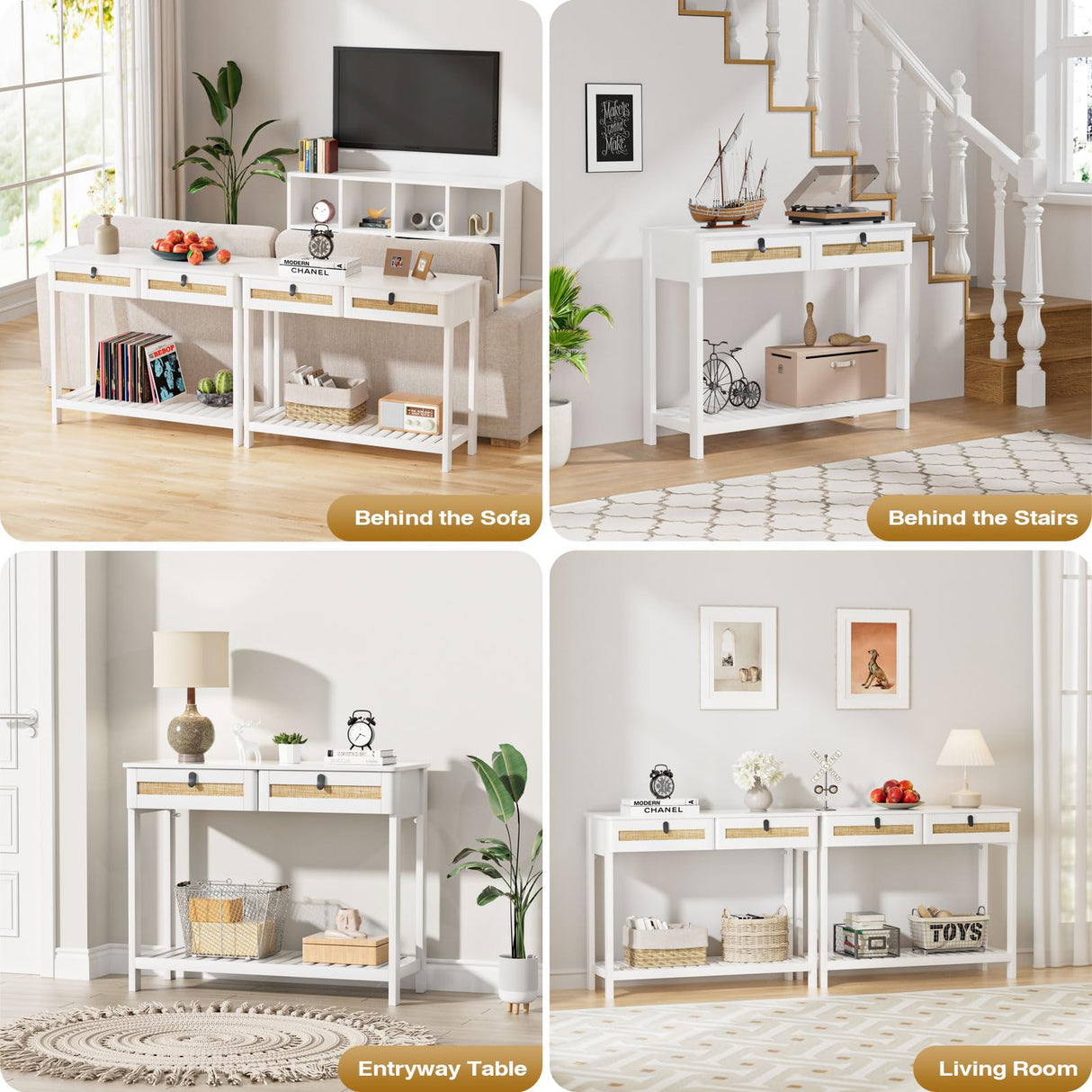 Knowlife Rattan Console Table with Drawers, Entryway Table Sofa Table with Storage Shelf, Narrow Long Behind Couch Table for Entryway, Living Room, Hallway, White