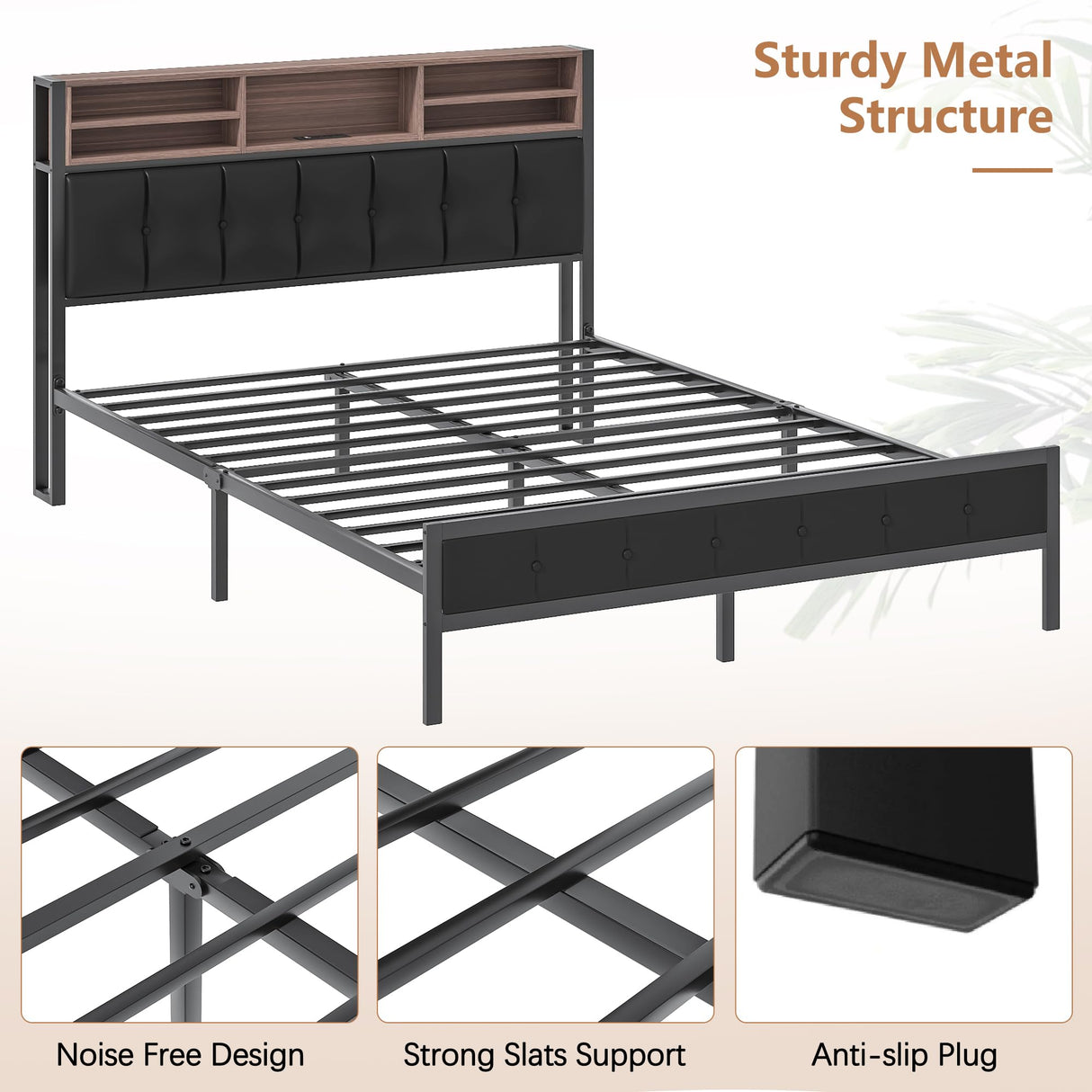 Queen Metal Bed Frame with Wooden Headboard and LED Charging Station
