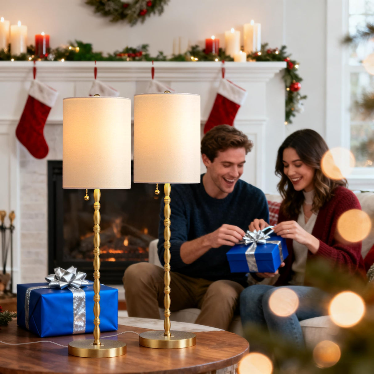 Modern Buffet Lamps Set of 2 - Marble Base with Brass Finish